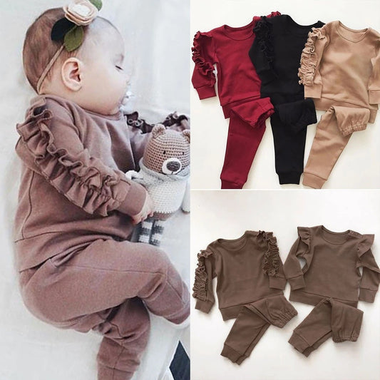 Conjunto Infantil Recém-Nascido Meninos/Meninas – Moletom de Manga Longa com Babados + Calça, Roupa 2 Peças Outono/Inverno