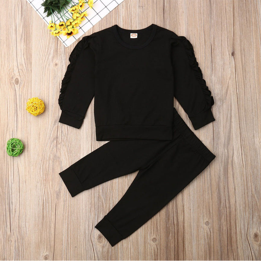 Conjunto Infantil Recém-Nascido Meninos/Meninas – Moletom de Manga Longa com Babados + Calça, Roupa 2 Peças Outono/Inverno