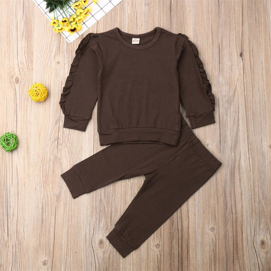 Conjunto Infantil Recém-Nascido Meninos/Meninas – Moletom de Manga Longa com Babados + Calça, Roupa 2 Peças Outono/Inverno